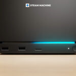 Valve Steam Machine console with Steam Controller, showing the new living room PC design