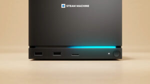 Valve Steam Machine console with Steam Controller, showing the new living room PC design